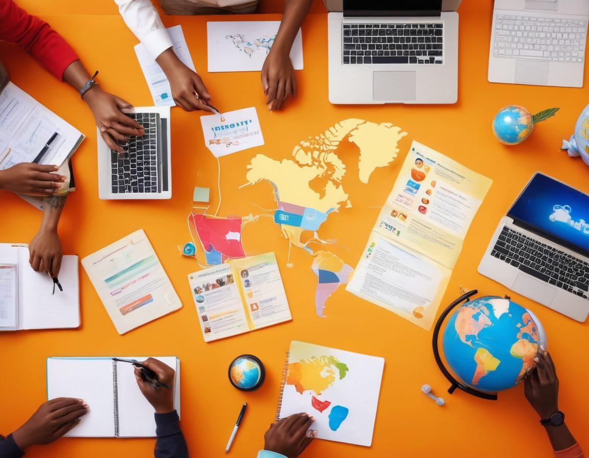 A warm and inviting scene showcasing a diverse group of people engaged in a blogging session about medical assistance and charity work. The background features soft, heartwarming imagery of healthcare symbols and charity icons. Include elements such as laptops, notepads, and a globe symbolizing global connection. Bright colors and a sense of community are prominent throughout the image. vibrant colors. super-realistic.