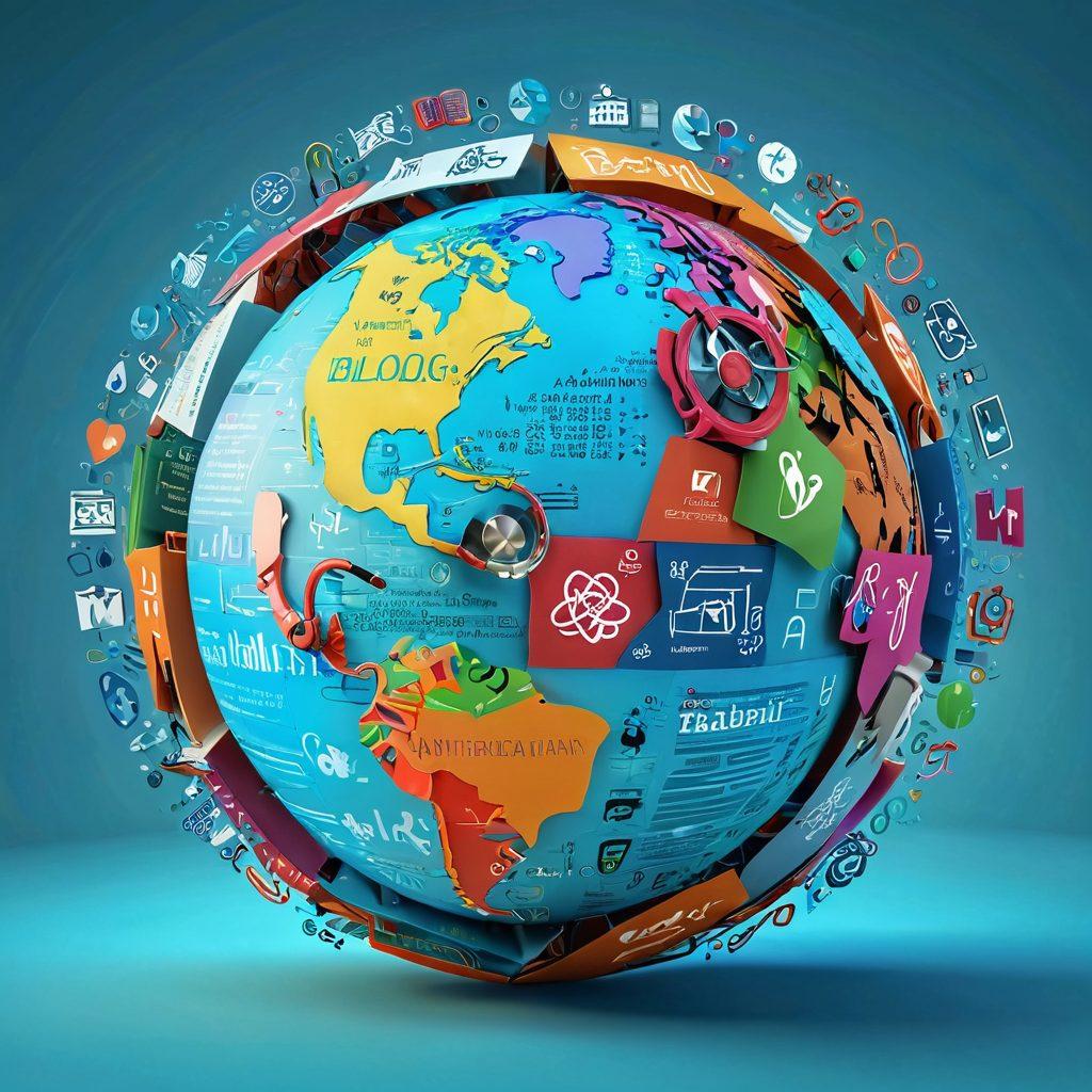 A globe composed of digital book pages, intertwined with a stethoscope and medical symbols, symbolizing the connection between blogging and healthcare. In the background, a diverse group of healthcare professionals and bloggers collaboratively working together, surrounded by vibrant visuals of a thriving community. Bright colors and an engaging atmosphere represent hope and innovation. 3D. vibrant colors.