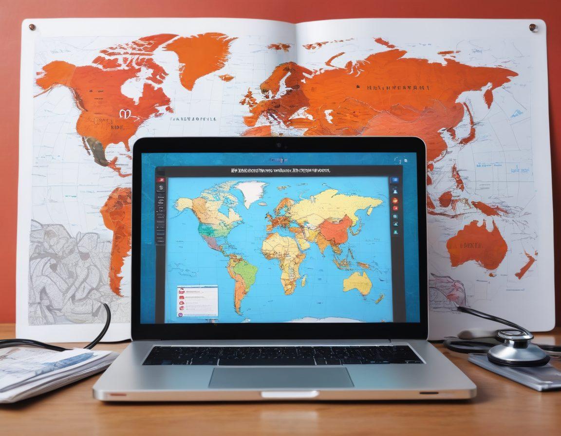 A powerful visual of a diverse group of people collaborating around a laptop, sharing stories and resources for humanitarian aid. In the background, symbols of global healthcare such as stethoscopes, first aid kits, and maps illustrating affected regions. The image conveys a sense of hope, unity, and action, showcasing the impact of blogging on global healthcare initiatives. vibrant colors. super-realistic. dynamic composition.